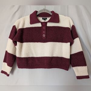 Art Class Girls Burgundy & Cream Striped Crop Sweater (Size L 10/12)